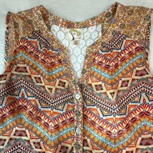 Anthropologie Fig & Flower Multi Color Sleeveless Boho Blouse Crochet Back Sz L